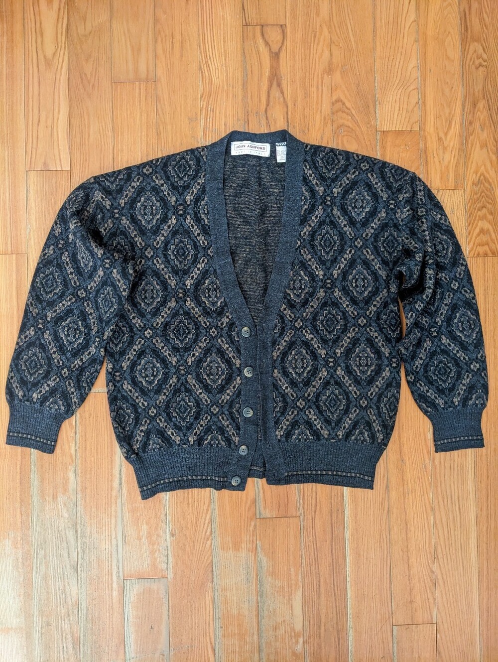 Vintage 80s John Ashford Geometric Pattern Cardigan Size Medium Made In Italy